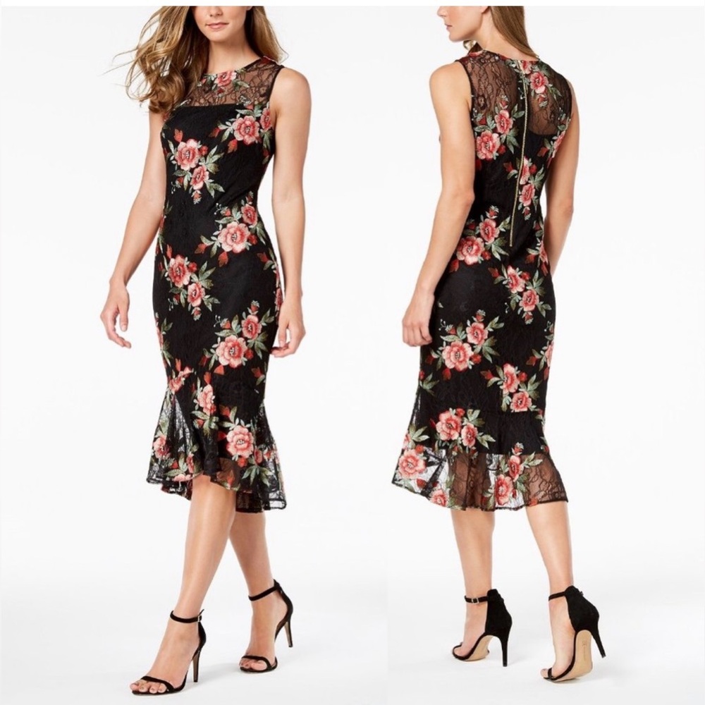 Calvin Klein Floral Embroidered Roses Lace Midi Sheath Dress Black Sheer Mesh 4